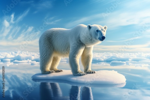 Polar bear on a melting ice floe. Climate change concept. AI generated  human enhanced.