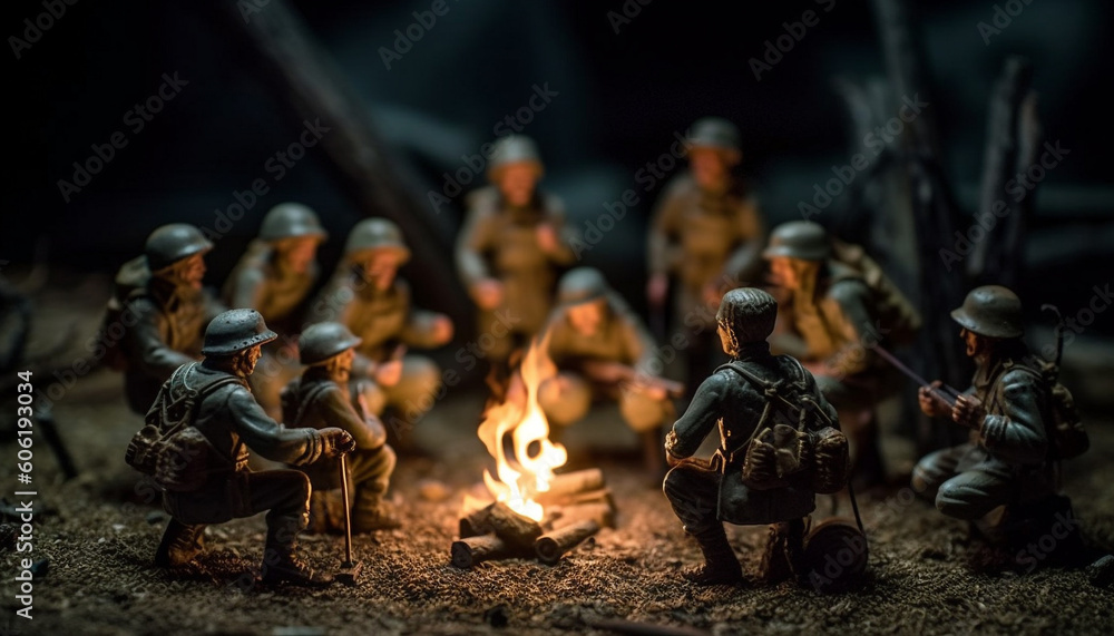 Fototapeta premium Toy soldiers in battle, armed forces clash generated by AI