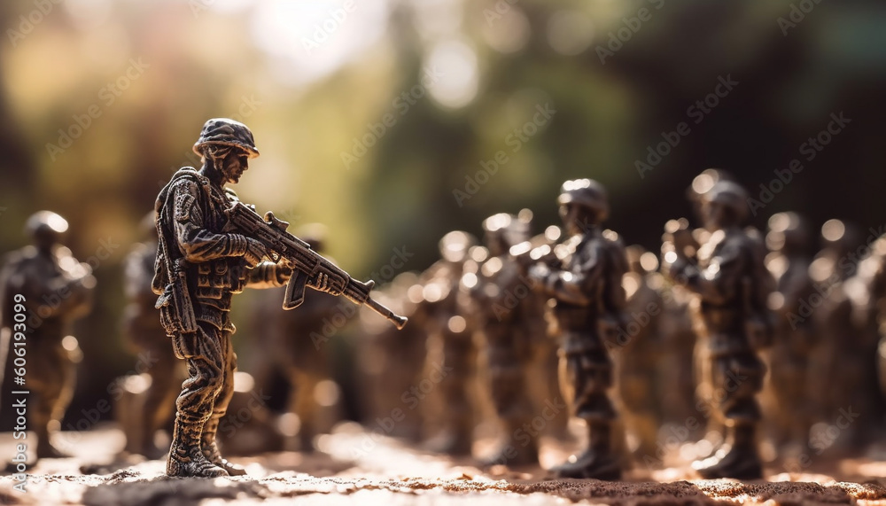 Fototapeta premium Toy soldiers in a row, ready for battle generated by AI