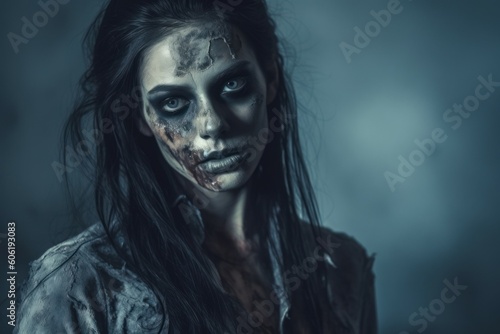 Zombie woman or female monster, horror concept. AI generated, human enhanced