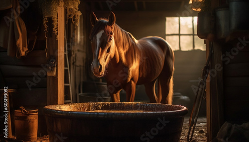 Thoroughbred horse standing in wet barn workshop generated by AI