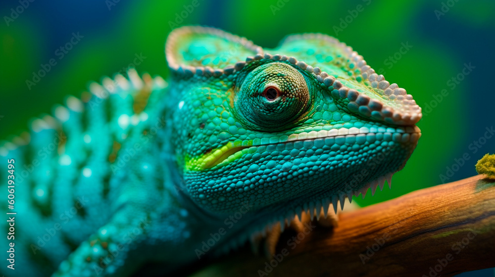 Green colored chameleon close up. Generative AI Green colored chameleon close up. Generative AI