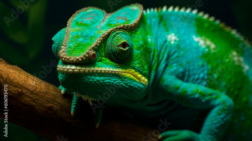 Green colored chameleon close up. Generative AI