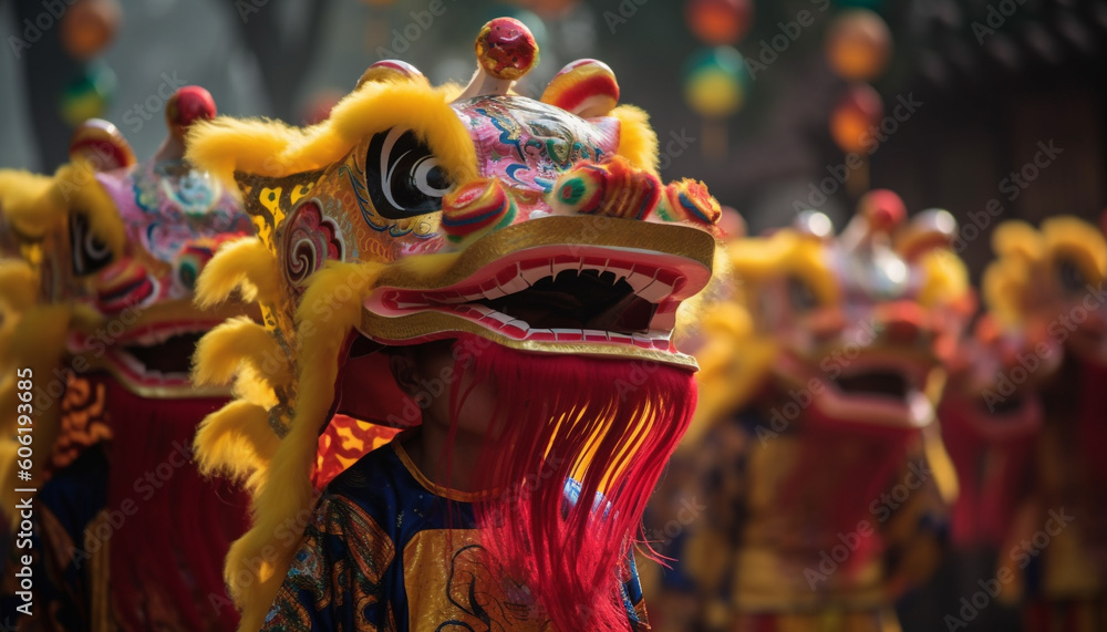 Multi colored dragon dances through traditional Chinese parade generated by AI