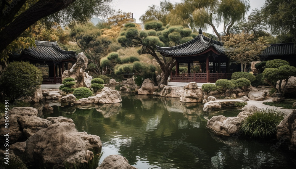 Fototapeta premium Ancient pagoda reflects beauty in tranquil pond generated by AI