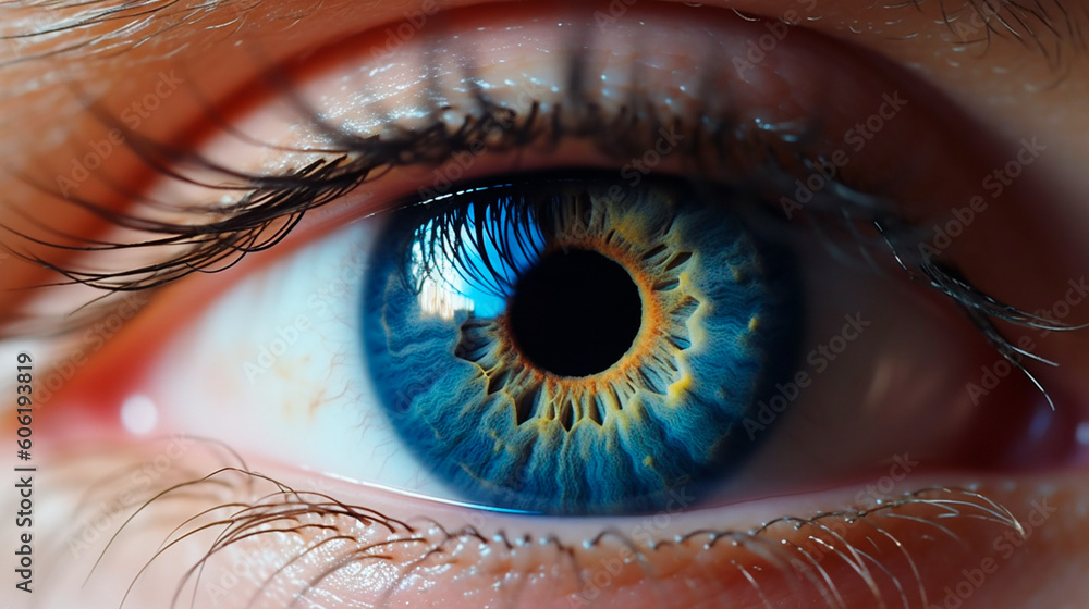 Human blue eye realistic beautiful closeup zoom. Generative AI - obrazy, fototapety, plakaty 