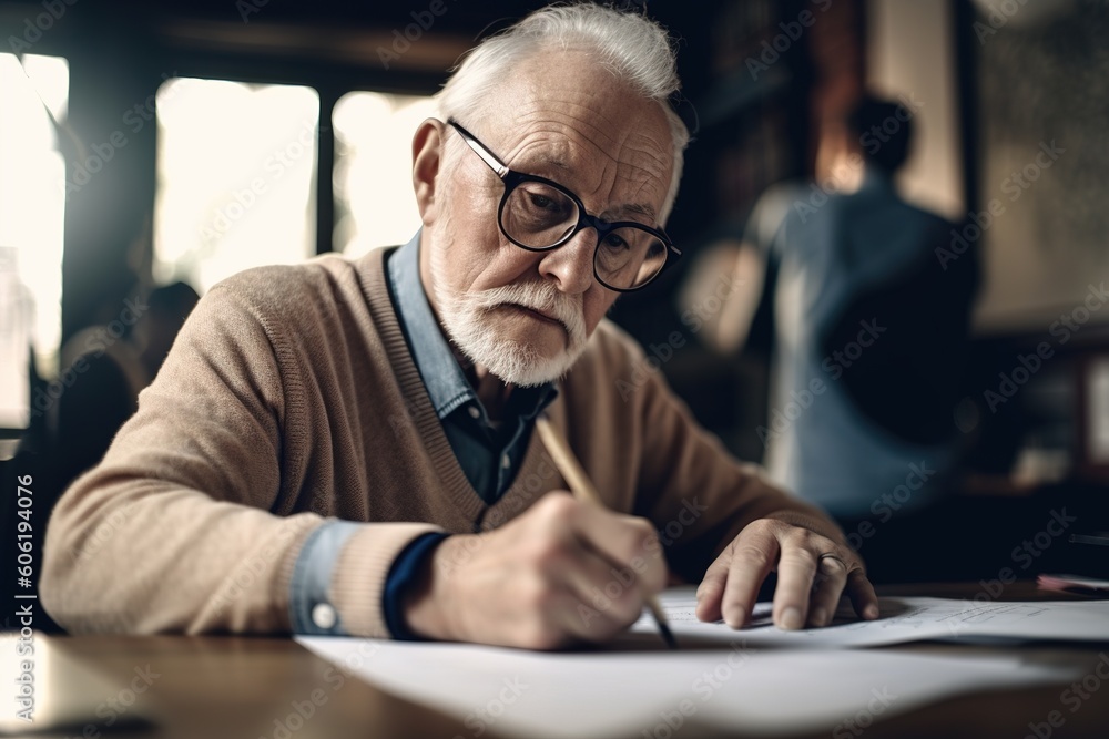 Senior man pencils his memoirs. Ai generated. - obrazy, fototapety, plakaty 