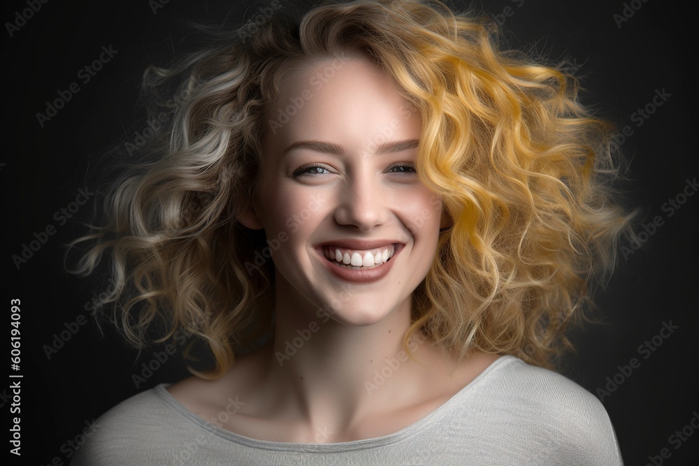 Smiling blond-haired woman poses calm and natural. Ai generated. Smiling blond-haired woman poses calm and natural. Ai generated.