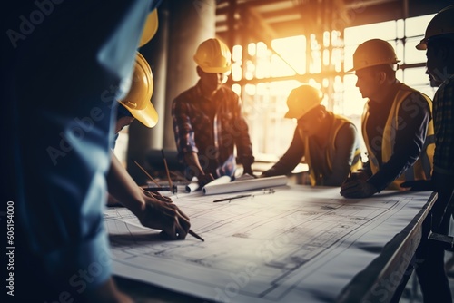 Construction managers and architect discuss in a work on the plans of the building, with yellow helmets. Ai generated.
