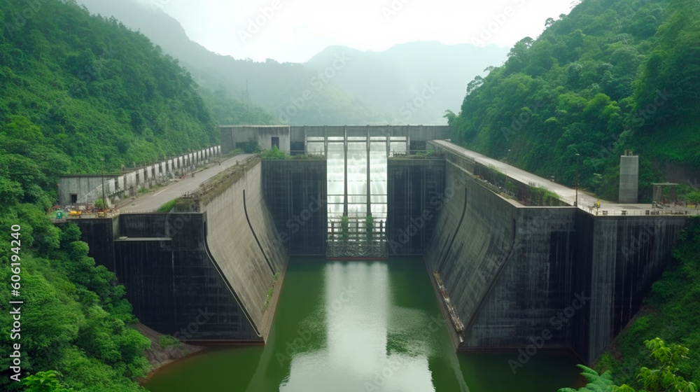 Hydroelectric dam with cascading water, workers in safety gear inspecting the infrastructure, surrounded by lush greenery. Generative AI