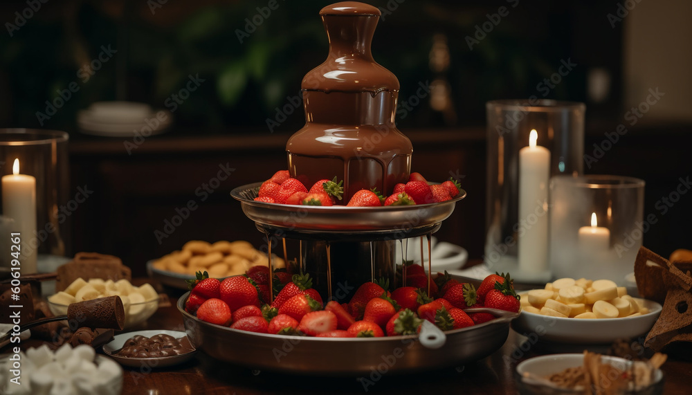 Fresh strawberry fondue, gourmet indulgence on wood generated by AI