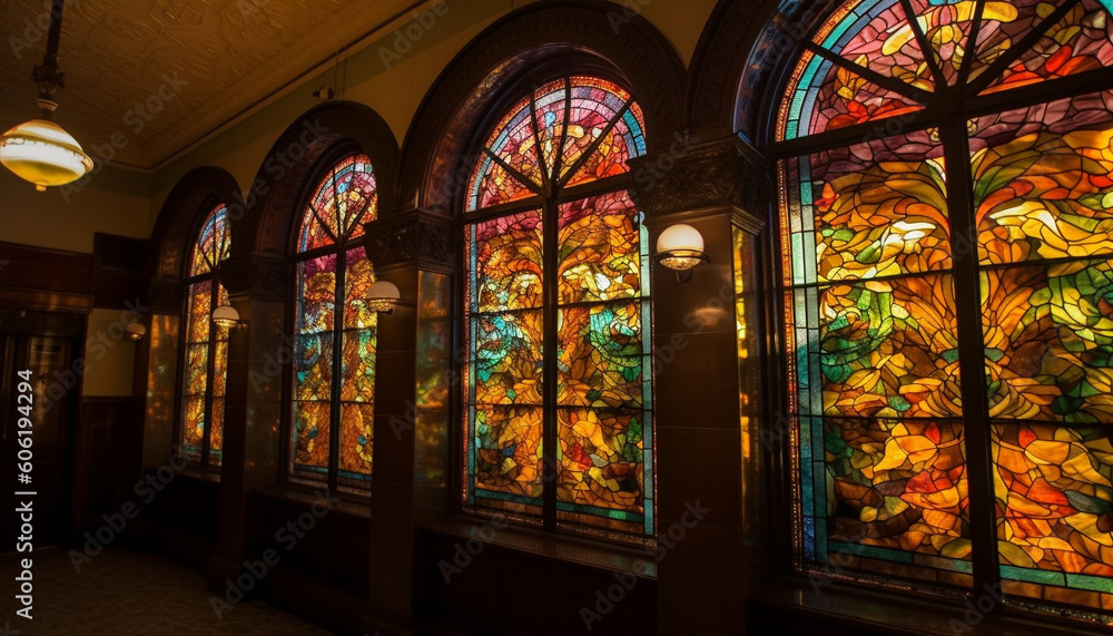 Stained glass illuminates ancient Gothic chapel architecture generated by AI