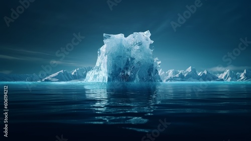 A massive floating iceberg in the water  with a visible tip above the water and a submerged portion below it. Generative AI