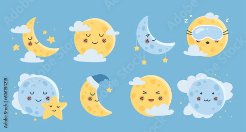 Weather elements set. Crescent and moon with clouds, sun. Symbols of day and night. Pack of stickers for social networks and messengers. Cartoon flat vector collection isolated on blue background