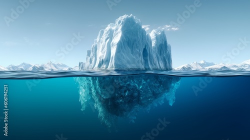 A massive floating iceberg in the water, with a visible tip above the water and a submerged portion below it. Generative AI © ColdFire