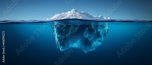 A massive floating iceberg in the water, with a visible tip above the water and a submerged portion below it. Generative AI photo