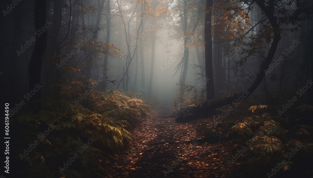 Mysterious autumn forest, foggy footpath, spooky beauty generated by AI