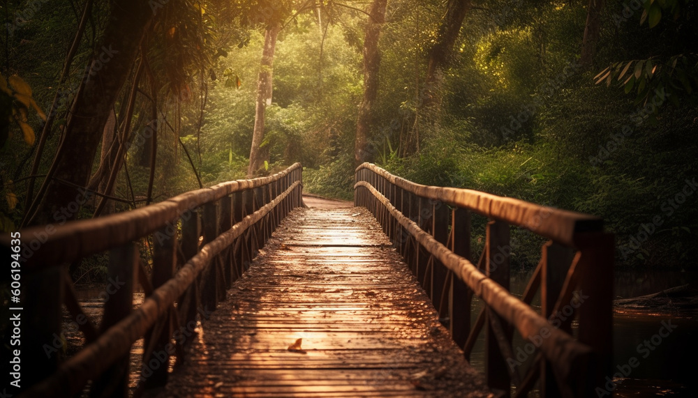 Fototapeta premium Tranquil footbridge crosses misty forest waterway generated by AI