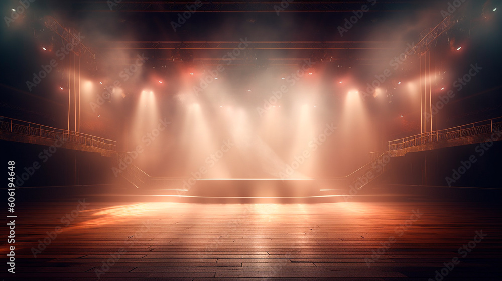 immerse yourself in an ethereal world: empty dark stage transformed with mist, fog, and brown spotlights, perfect for showcasing artistic works and products. Generative AI immerse yourself in an ethereal world: empty dark stage transformed with mist, fog, and brown spotlights, perfect for showcasing artistic works and products. Generative AI