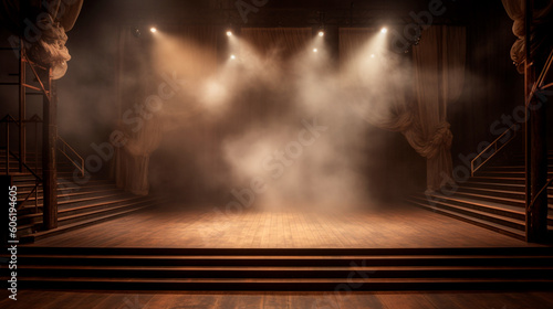 immerse yourself in an ethereal world: empty dark stage transformed with mist, fog, and brown spotlights, perfect for showcasing artistic works and products. Generative AI