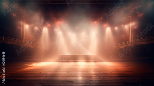 immerse yourself in an ethereal world  empty dark stage transformed with mist  fog  and brown spotlights  perfect for showcasing artistic works and products. Generative AI