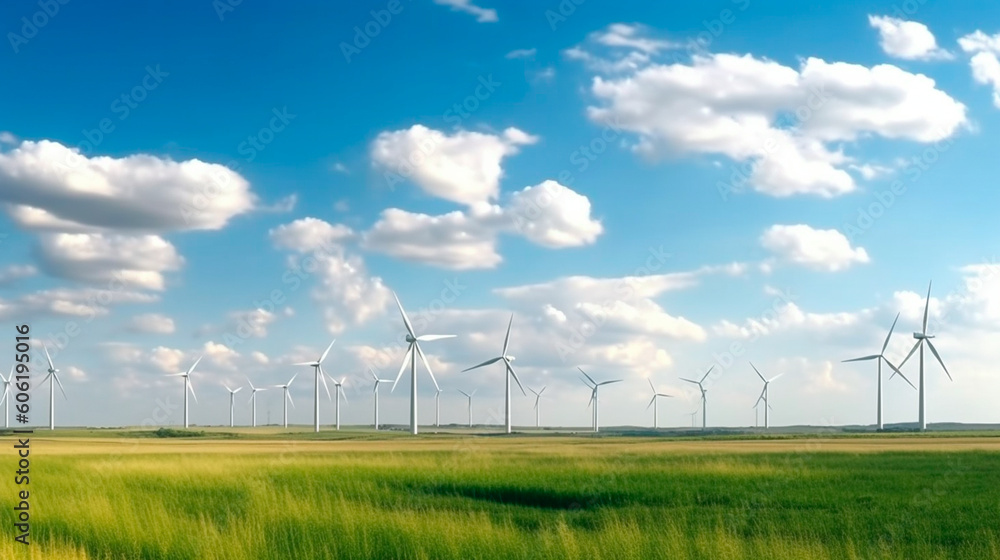 Panoramic view of wind farm or wind park, with high wind turbines for generation electricity with copy space. green energy concept. Generative AI