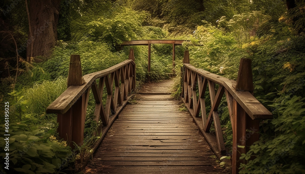 Fototapeta premium Walking on the elevated boardwalk in the forest generated by AI