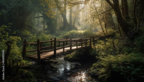 Tranquil scene of foggy autumn forest mystery generated by AI