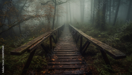 Walking on wet footpath through foggy forest generated by AI