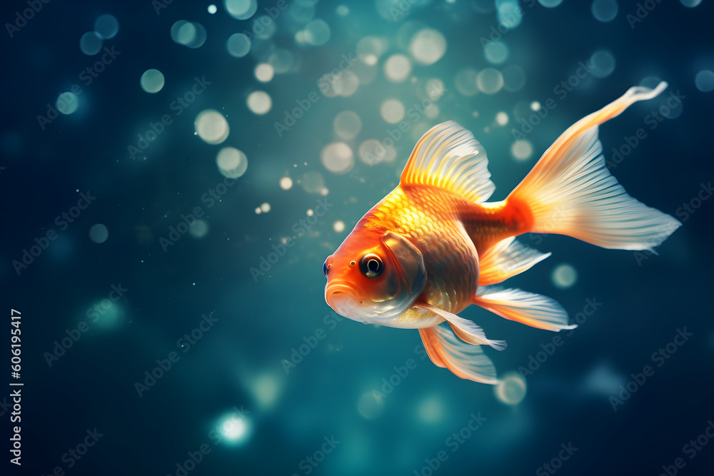 Close up goldfish in aquarium, blurred bokeh effect background with copy space.