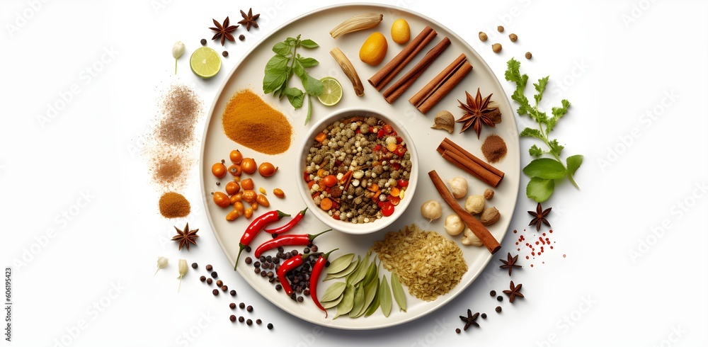 Exquisite Thai Herbs and Spices Arranged Horizontally, White Background, Subtle Shadows, Sensory Experience, Aerial View, Generative Ai, Generative, Ki Exquisite Thai Herbs and Spices Arranged Horizontally, White Background, Subtle Shadows, Sensory Experience, Aerial View, Generative Ai, Generative, Ki