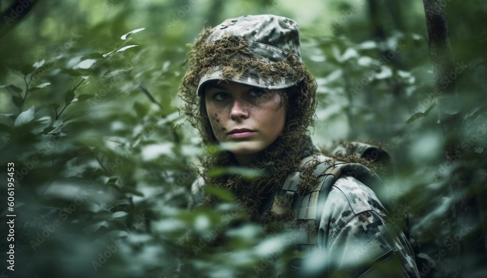 Young adult army man in camouflage hiking generated by AI