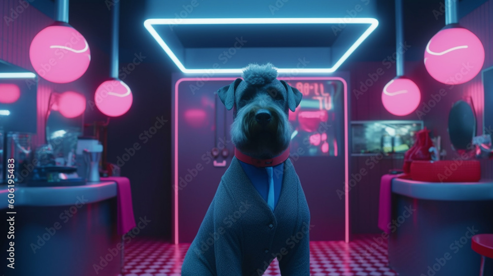 Stylish dog surrounded by neon lamps, grooming and dog care concept. Illustration, Generative AI Stylish dog surrounded by neon lamps, grooming and dog care concept. Illustration, Generative AI