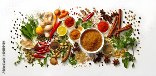 Commercial Aerial View of Thai Spices and Herbs, Leaf Patterns, Expansive Spaces, Bowl Display, Minimalistic, Top View, Generative Ai, Generative, Ki