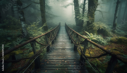 Tranquil man made bridge crosses foggy forest footpath generated by AI