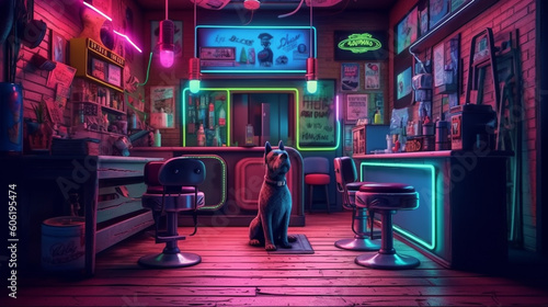 Stylish dog surrounded by neon lamps, grooming and dog care concept. Illustration, Generative AI
