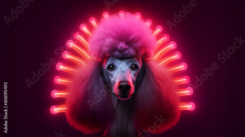White poodle surrounded by neon lamps, the concept of grooming and dog care. Illustration, Generative AI © Marynkka_muis
