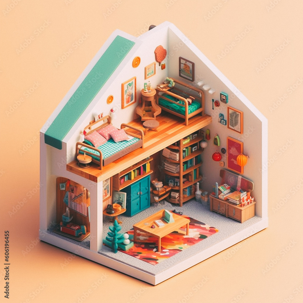 3D cute isometric attic - created with Generative AI technology
