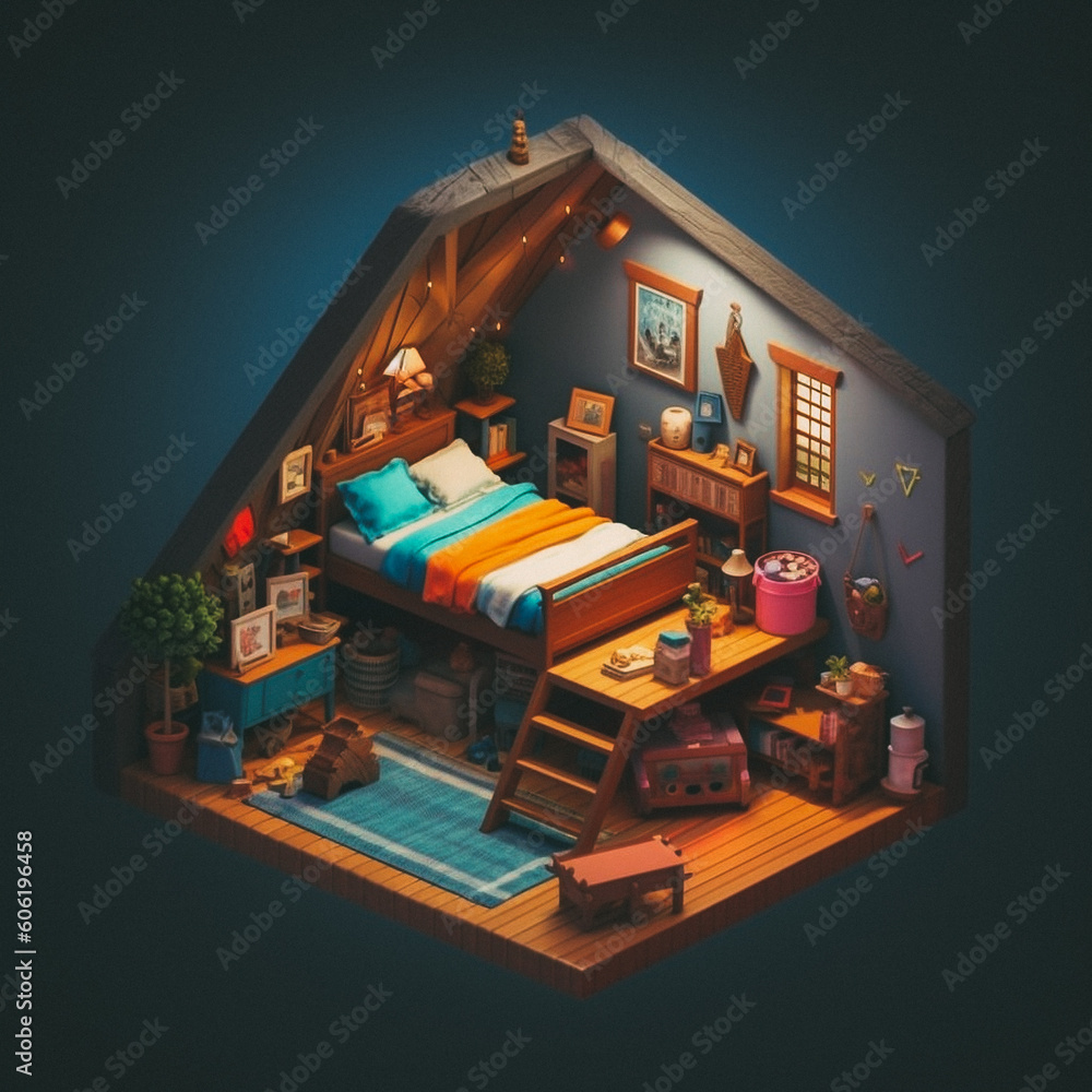 3D cute isometric attic - created with Generative AI technology