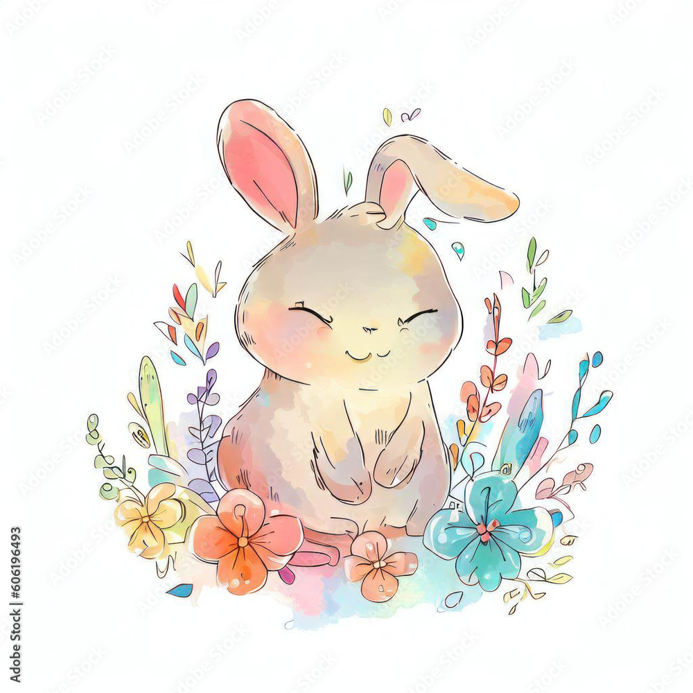Fototapeta premium Cute Bunny in Colorful Watercolor Blooms, Generative AI