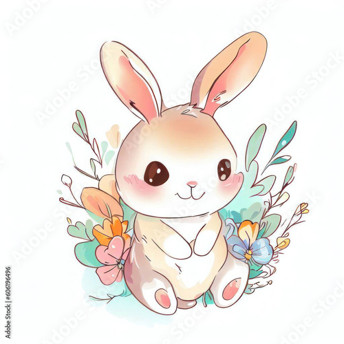 Watercolor Illustration Featuring a Cute Bunny in a Spring Garden, Generative AI