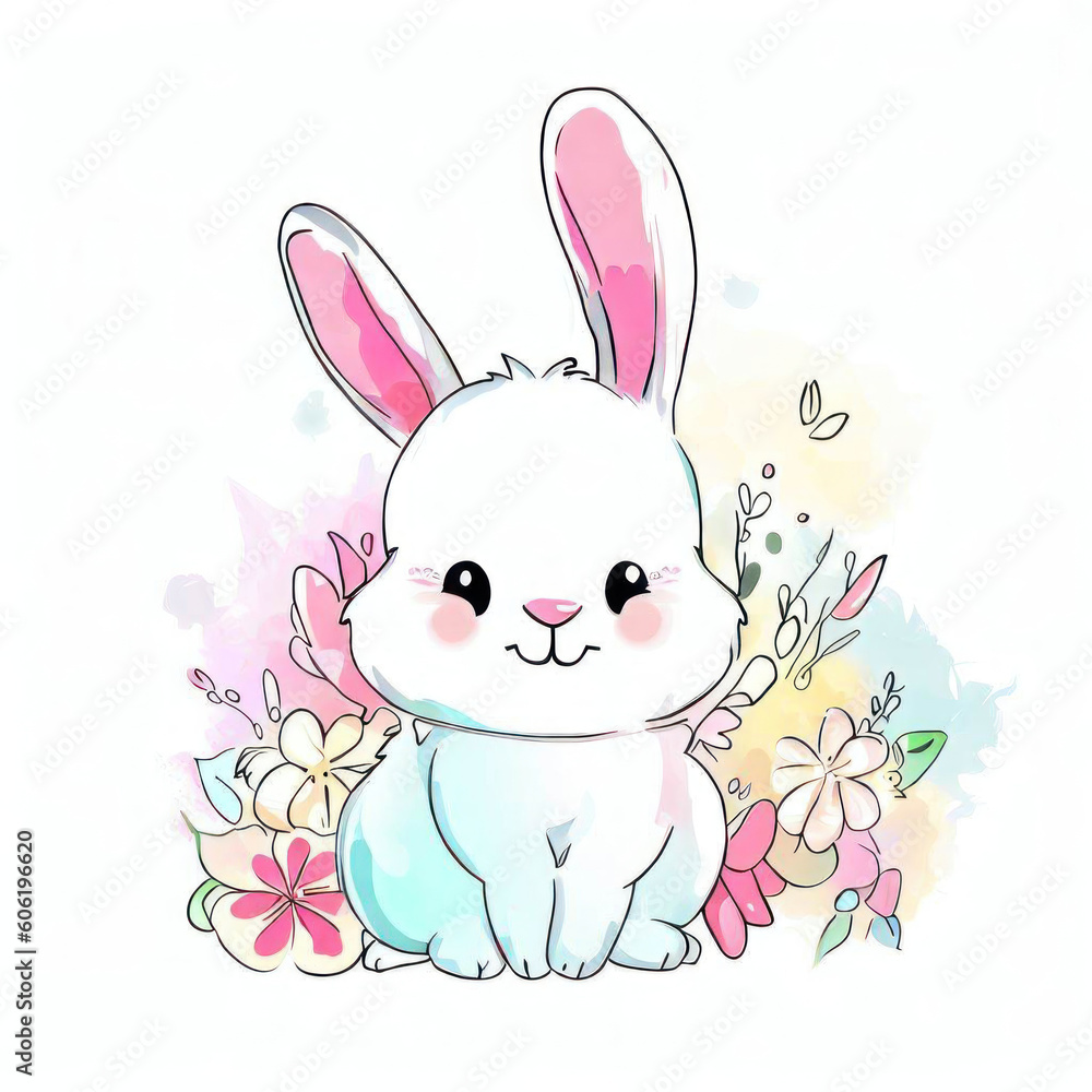 Fototapeta premium Watercolor Illustration of a Cute Bunny, Generative AI