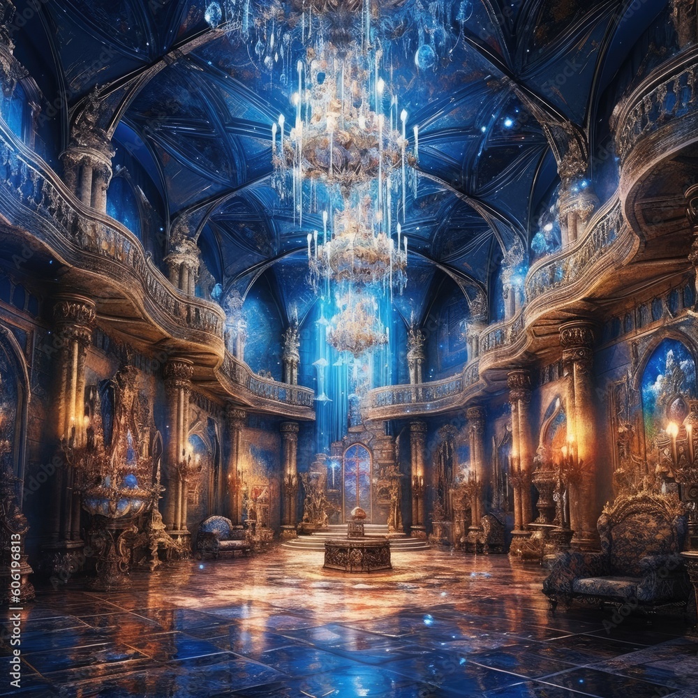 colorful room with chandeliers and blue interior Generative Ai - obrazy, fototapety, plakaty 
