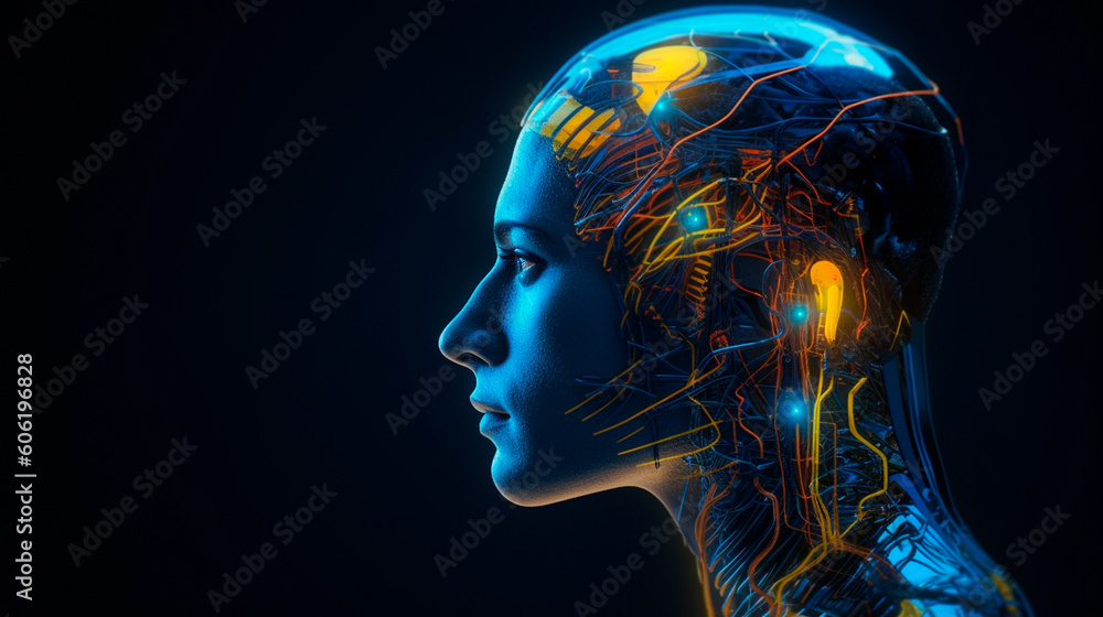 Side view of a humanoid head with blue and yellow eyes and vibrant neon neural network, representing futuristic technology and artificial intelligence. Generative AI Side view of a humanoid head with blue and yellow eyes and vibrant neon neural network, representing futuristic technology and artificial intelligence. Generative AI