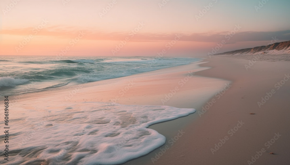 Obraz premium Sunset over tranquil seascape, a tropical paradise generated by AI