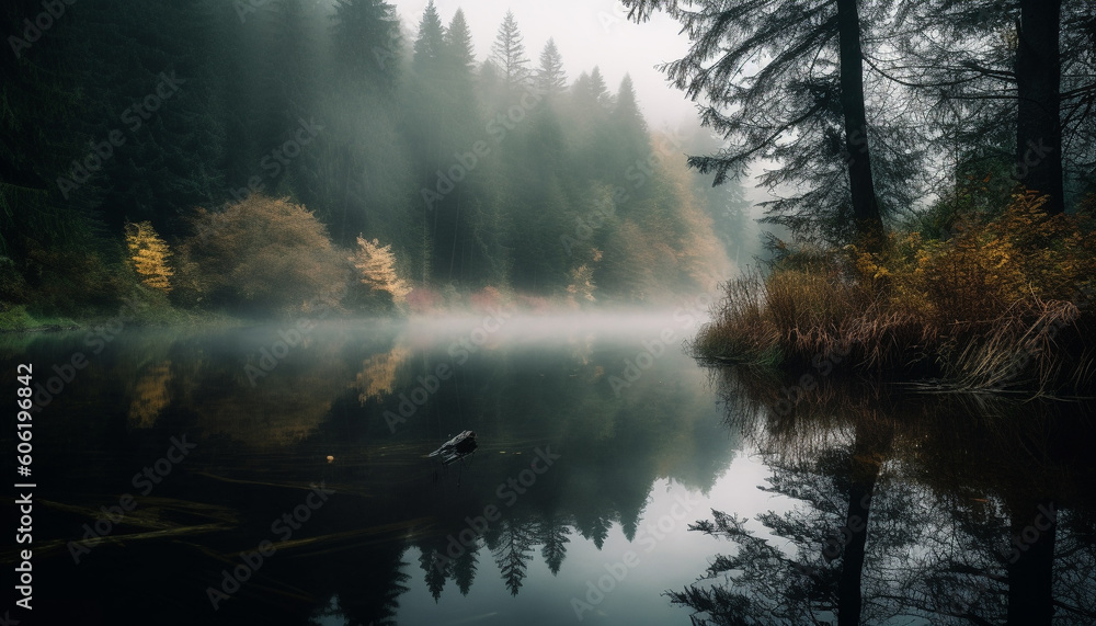 Tranquil scene of autumn forest reflection on pond generated by AI Tranquil scene of autumn forest reflection on pond generated by AI
