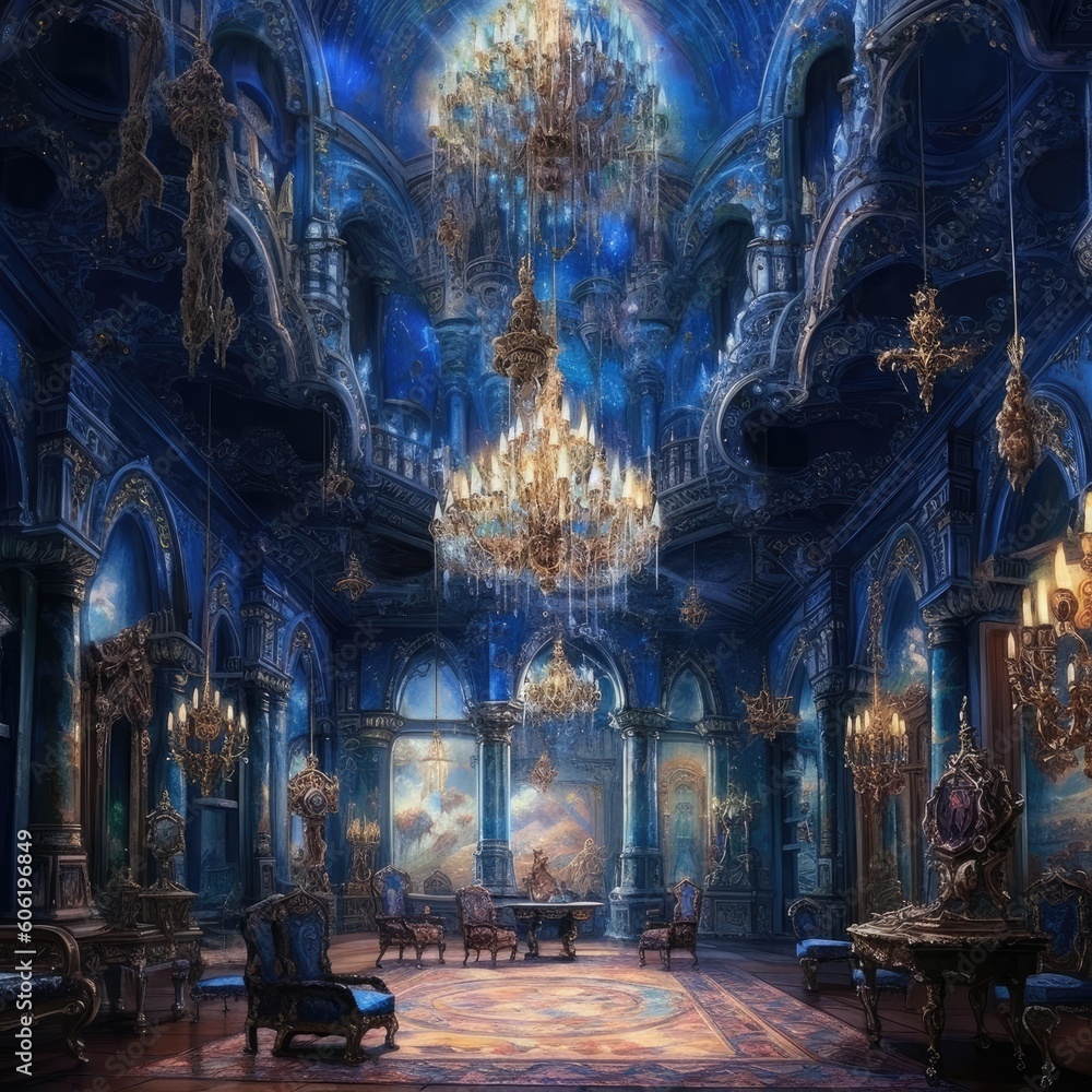 Fototapeta premium colorful room with chandeliers and blue interior Generative Ai