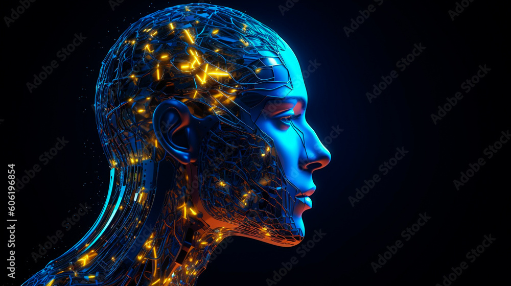 Side view of a humanoid head with blue and yellow eyes and vibrant neon neural network, representing futuristic technology and artificial intelligence. Generative AI Side view of a humanoid head with blue and yellow eyes and vibrant neon neural network, representing futuristic technology and artificial intelligence. Generative AI