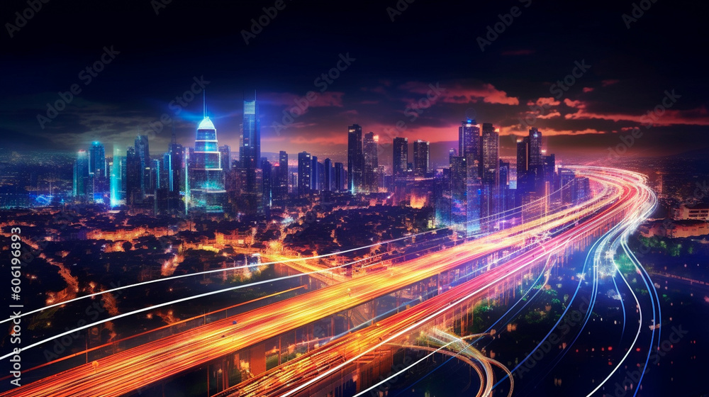 Smart digital city with high speed light trail of cars of digital data transfer. Generative AI