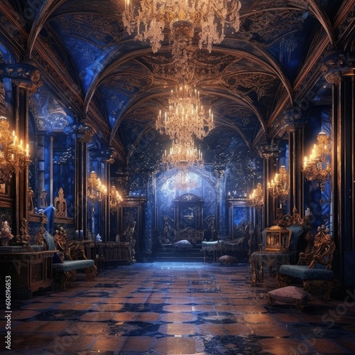 colorful room with chandeliers and blue interior Generative Ai